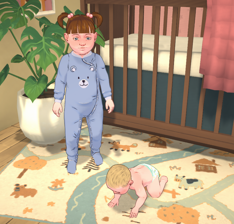 Uma menininha em pé em frente ao berço ao lado de outro bebê engatinhando.