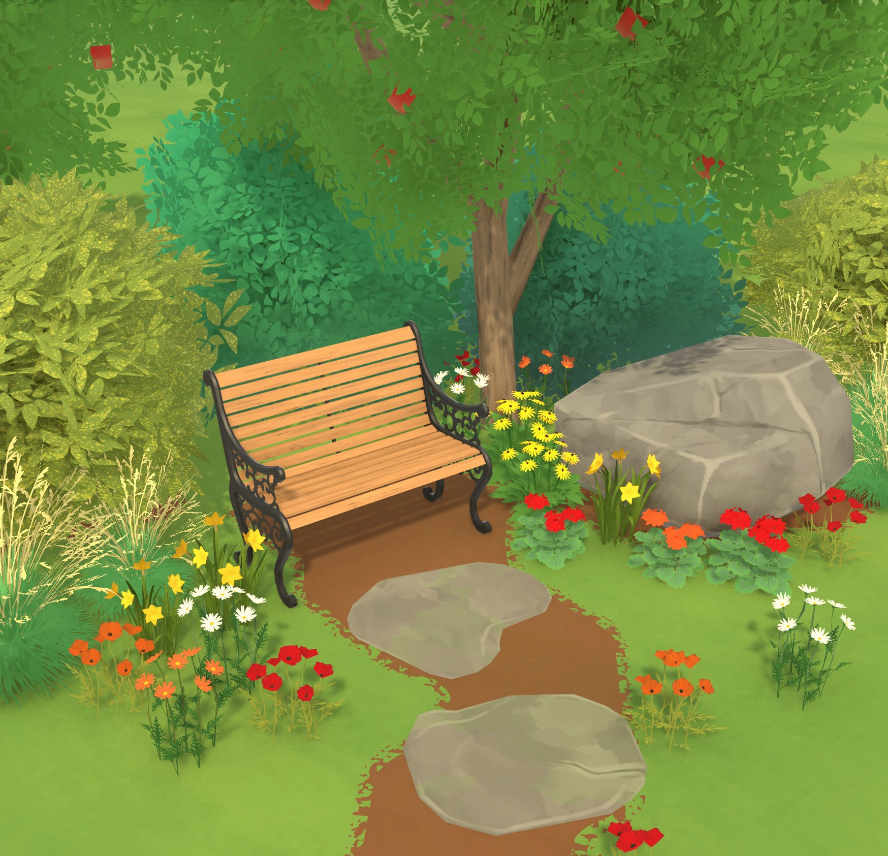 Banco vazio no centro de várias plantas e flores em um jardim