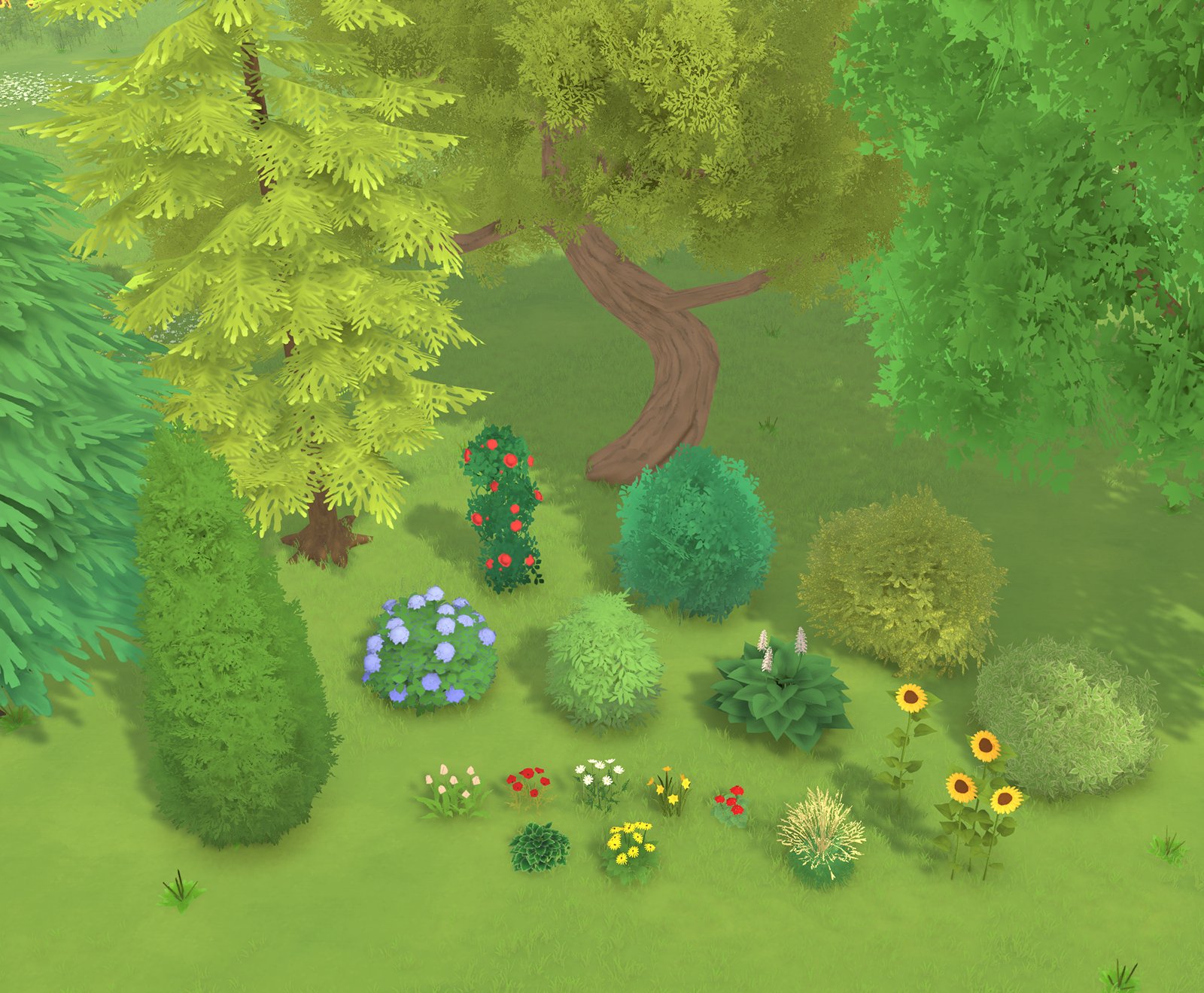 Imagem vista de cima de vários arbustos com flores, como girassóis e rosas.