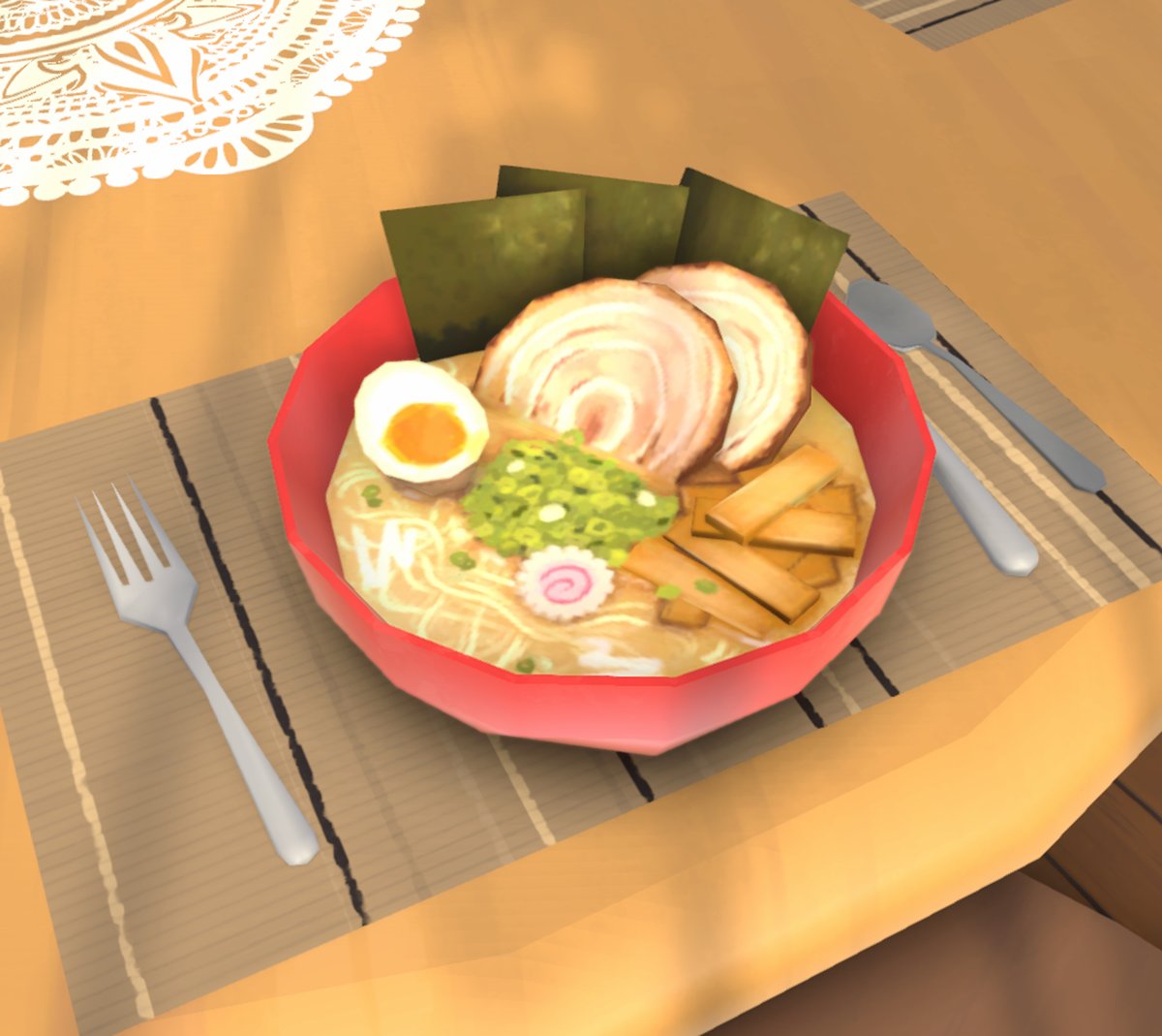 Uma xícara de café e uma tigela de sopa bem servida, com ovos, carne e vegetais, sobre uma mesa de madeira 