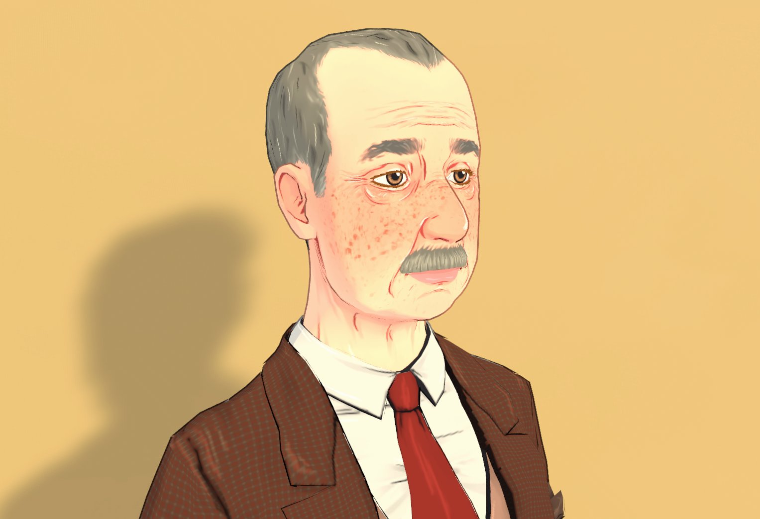 Um homem grisalho vestindo um terno marrom com uma gravata vermelha